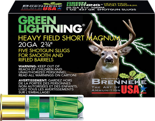 BRENNEKE USA GREEN LIGHTNING - 20GA 2.75" 1OZ SLUG 5RD 50BX/C