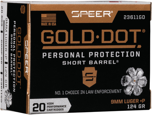 SPEER GOLD DOT SHORT BBL 9MM - LUGER +P 124GR GDHP 20RD 10B/C
