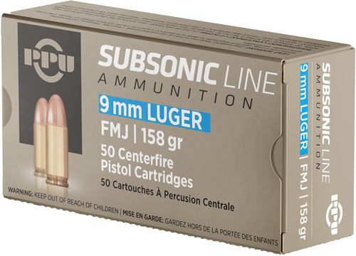 PPU SUBSONIC 9MM LUGER 158GR - FMJ 50RD 20BX/CS